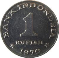 Indonesia coin 1 Rupiah (1970) reverse reverse of 1 Rupiah (1970) coin with KM# 20 from Indonesia. Inscription: BANK INDONESIA 1 RUPIAH 1970