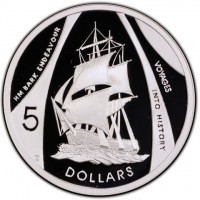 HM BARK ENDEAVOUR. VOYAGES INTO HISTORY. 5 DOLLARS.
