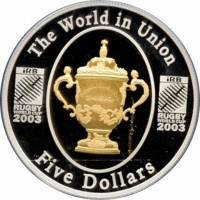 Silver coin Australia KM# 810 The World in Union. iRB RUGBY WORLD CUP 2003. The Webb Ellis Cup. Five Dollars.