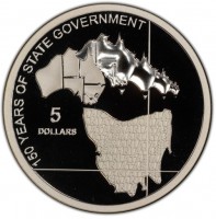 Silver coin Australia KM# 858 150 YEARS OF STATE GOVERNMENT. 5 Dollars. TASMANIA.