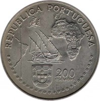 obverse of 200 Escudos - Tordesilhas (1994) coin with KM# 671 from Portugal. Inscription: REPUBLICA PORTUGUESA 200 ESCUDOS