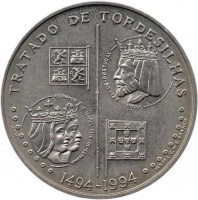 Portugal coin 200 Escudos - Tordesilhas (1994) reverse reverse of 200 Escudos - Tordesilhas (1994) coin with KM# 671 from Portugal. Inscription: TRATADO DE TORDESILHAS 1494-1994 FERNANDO · E · ISABEL · REIS · DE · ESPANA JOÃO II · REI · DE · PORTUGAL ISABEL C.-F.BRANCO