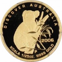 DISCOVER AUSTRALIA. 2006 RV P. KOALA 1/25oz. 9999 GOLD.