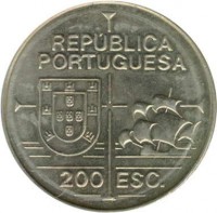 obverse of 200 Escudos - California (1992) coin with KM# 661 from Portugal. Inscription: REPÚBLICA PORTUGUESA 200 ESC.