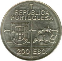 Portugal coin 200 Escudos - California (1992) obverse obverse of 200 Escudos - California (1992) coin with KM# 661 from Portugal. Inscription: REPÚBLICA PORTUGUESA 200 ESC.