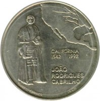 Portugal coin 200 Escudos - California (1992) reverse reverse of 200 Escudos - California (1992) coin with KM# 661 from Portugal. Inscription: CALIFÓRNIA 1542 1992 JOÃO RODRIGUES CABRILHO ISABEL C.-F.BRANCO INCM