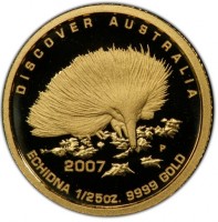 DISCOVER AUSTRALIA. WR P 2007. ECHIDNA 1/25oz. 9999 GOLD.