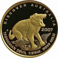 DISCOVER AUSTRALIA. P 2007 RV. TASMANIAN DEVIL 1/25oz. 9999 GOLD.