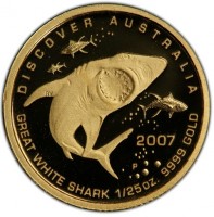 DISCOVER AUSTRALIA. RV 2007 P. GREAT WHITE SHARK 1/25oz. 9999 GOLD.