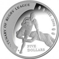 CENTENARY OF RUGBY LEAGUE. 1908 - 2008. VG. 5 DOLLARS.