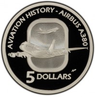 Silver coin Australia KM# 1073 AVIATION HISTORY - AIRBUS A380. WP. 5 DOLLARS.