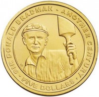 Aluminium Bronze coin Australia KM# 1084 SIR DONALD BRADMAN. ANOTHER CENTURY. FIVE DOLLARS.