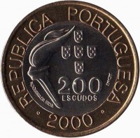 Portugal coin 200 Escudos - Olympic Games (2000) obverse obverse of 200 Escudos - Olympic Games (2000) coin with KM# 726 from Portugal. Inscription: REPUBLICA PORTUGUESA 200 ESCUDOS 2000