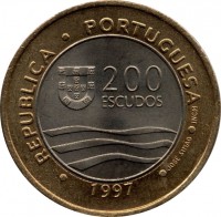 Portugal coin 200 Escudos - EXPO '98 (1997) obverse obverse of 200 Escudos - EXPO '98 (1997) coin with KM# 694 from Portugal. Inscription: · REPUBLICA · PORTUGUESA · 200 ESCUDOS · JOSÉ SIMÃO · INCM 1997