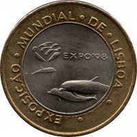 reverse of 200 Escudos - EXPO '98 (1997) coin with KM# 694 from Portugal. Inscription: · EXPOSICĀO · MUNDIAL · DE · LISBOA · EXPO'98