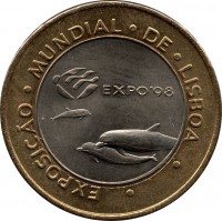 Portugal coin 200 Escudos - EXPO '98 (1997) reverse reverse of 200 Escudos - EXPO '98 (1997) coin with KM# 694 from Portugal. Inscription: · EXPOSICĀO · MUNDIAL · DE · LISBOA · EXPO'98