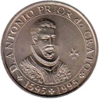 Portugal coin 100 Escudos - D. António, Prior do Crato (1995) obverse obverse of 100 Escudos - D. António, Prior do Crato (1995) coin with KM# 680 from Portugal. Inscription: D. ANTONIO PRIOR do CRATO * 1595 * 1995 *