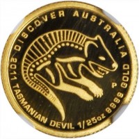 Gold coin Australia KM# 1541 DISCOVER AUSTRALIA. 2011 TASMANIAN DEVIL 1/25 oz 9999 GOLD. P. DB.