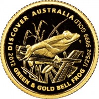 Gold coin Australia KM# 1716 DISCOVER AUSTRALIA. 2012 GREEN & GOLD BELL FROG 1/25oz 9999 GOLD. P. WR.