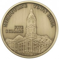 Aluminium Bronze coin Australia MELBOURNE TOWN HALL. FIVE DOLLARS. AM.