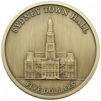 Aluminium Bronze coin Australia SYDNEY TOWN HALL. AM. FIVE DOLLARS.