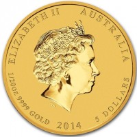Gold coin Australia KM# 2101 ELIZABETH II AUSTRALIA. IRB. 1/20 OZ 9999 GOLD 2014 5 DOLLARS.