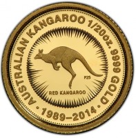 Gold coin Australia KM# 2945 THE AUSTRALIAN NUGGET 1/20 OZ. 9999 GOLD. P25. RED KANGAROO. 1989-2014.