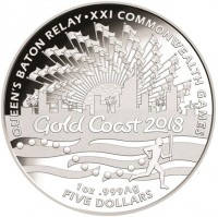 QUEEN'S BATON RELAY. XXI COMMONWEALTH GAMES. GOLD COAST 2018. 1oz999 Ag. FIVE DOLLARS.