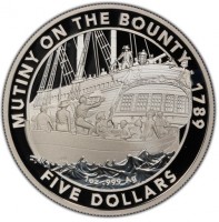 MUTINY ON THE BOUNTY 1789. AWB. 1oz999 Ag. FIVE DOLLARS.