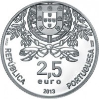 obverse of 2.5 Euro - Portuguese Red Cross (2013) coin with KM# 856 from Portugal. Inscription: REPÚBLICA PORTUGUESA 2,5 euro 2013 INCM BANDEIRA DELGADO