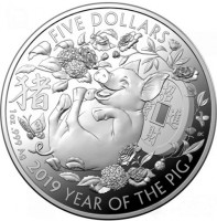 Silver coin Australia KM# 3754 FIVE DOLLARS. 猪. 招財進寳. BK. 1oz999 Ag 2019 YEAR OF THE PIG.