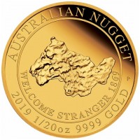AUSTRALIAN NUGGET. 2019 1/20oz 9999 GOLD. P. WELCOME STRANGER 1869. SD.