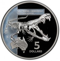 Silver coin Australia KM# 3941 SALTWATER CROCODILE. Crocodylus porosus. AB. 5. DOLLARS.