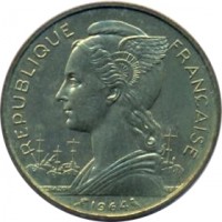 Réunion coin 20 Francs (1955 - 1964) obverse obverse of 20 Francs (1955 - 1964) coin with KM# 11 from Réunion. Inscription: REPUBLIQUE FRANCAISE 1955 L.BAZOR