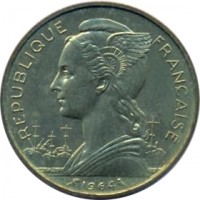 obverse of 20 Francs (1955 - 1964) coin with KM# 11 from Réunion. Inscription: REPUBLIQUE FRANCAISE 1955 L.BAZOR