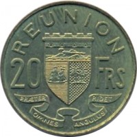 Réunion coin 20 Francs (1955 - 1964) reverse reverse of 20 Francs (1955 - 1964) coin with KM# 11 from Réunion. Inscription: REUNION 20 FRS PRÆTER OMNES ANGULUS RIDET