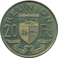 reverse of 20 Francs (1955 - 1964) coin with KM# 11 from Réunion. Inscription: REUNION 20 FRS PRÆTER OMNES ANGULUS RIDET