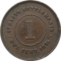 reverse of 1 Cent - Victoria (1872 - 1883) coin with KM# 9 from Straits Settlements. Inscription: · STRAITS SETTLEMENTS · 1 ONE CENT 1883