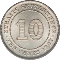 reverse of 10 Cents - George V (1926 - 1927) coin with KM# 29b from Straits Settlements. Inscription: · STRAITS SETTLEMENTS · 10 TEN CENTS 1927