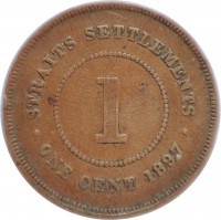 reverse of 1 Cent - Victoria (1887 - 1901) coin with KM# 16 from Straits Settlements. Inscription: STRAITS SETTLEMENTS 1 · ONE CENT 1889 ·