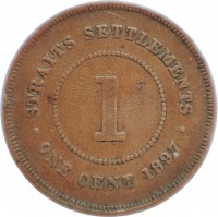 Straits Settlements coin 1 Cent - Victoria (1887 - 1901) reverse reverse of 1 Cent - Victoria (1887 - 1901) coin with KM# 16 from Straits Settlements. Inscription: STRAITS SETTLEMENTS 1 · ONE CENT 1889 ·