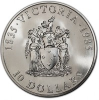 Silver coin Australia KM# 85 1835 · VICTORIA · 1985. PEACE AND PROSPERITY. 10 DOLLARS.