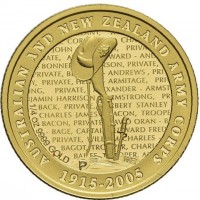 AUSTRALIAN AND NEW ZEALAND ARMY CORPS. 1915 - 2005. 1/4 OZ 999 GOLD P WR.