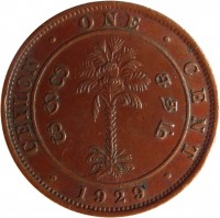 reverse of 1 Cent - George V (1912 - 1929) coin with KM# 107 from Ceylon. Inscription: CEYLON · ONE · CENT · 1929 ·