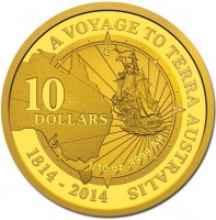 Gold coin Australia KM# 2163 A VOYAGE TO TERRA AUSTRALIS. C. 10. DOLLARS. 1/10 oz9999 Au. 1814-2014.