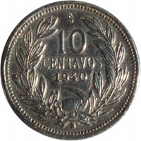 Chile coin 10 Centavos (1920 - 1941) reverse reverse of 10 Centavos (1920 - 1941) coin with KM# 166 from Chile. Inscription: 10 CENTAVOS 1940