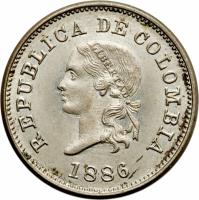 obverse of 5 Centavos (1886 - 1888) coin with KM# 183 from Colombia. Inscription: REPUBLICA DE COLOMBIA 1886