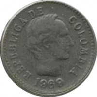 obverse of 10 Centavos - Divided legend (1969 - 1971) coin with KM# 236 from Colombia. Inscription: REPUBLICA DE COLOMBIA 1970