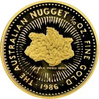 THE AUSTRALIAN NUGGET 1/10 OZ. FINE GOLD. LITTLE HERO 1890. · 1986 ·.