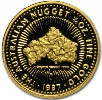 THE AUSTRALIAN NUGGET 1/10 OZ. FINE GOLD. GOLDEN AUSSIE 1980 P. · 1987 ·.